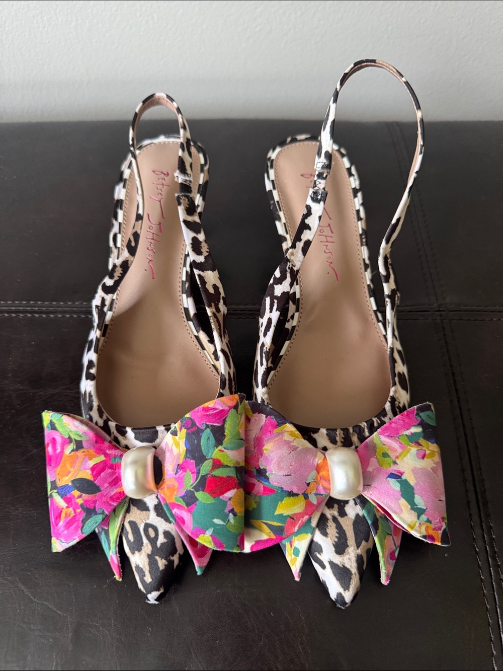 Betsey Johnson Black & White Leopard Slingback Flats with Floral Bow